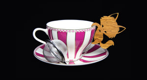 fox tea infuser with mesh ball on a cute Alice in wonderland theme mug